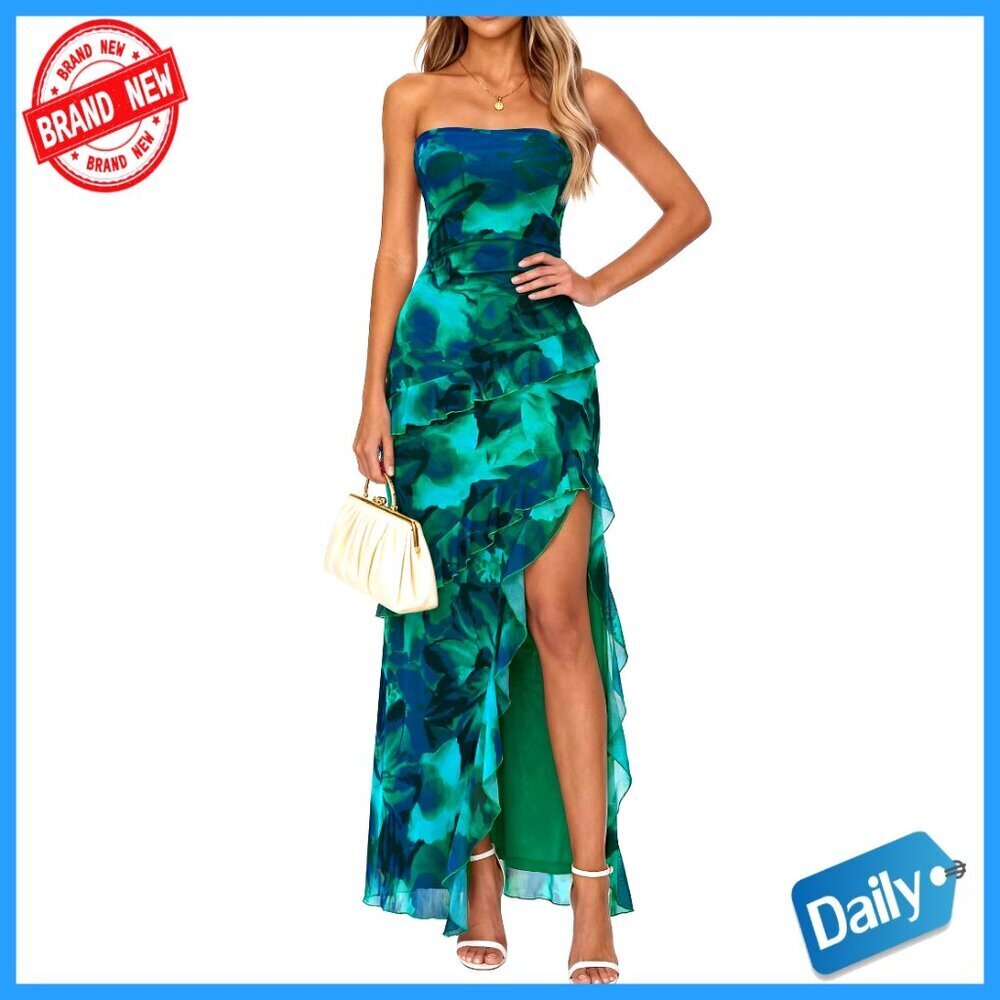 Maxi Formal Dress Off Shoulder Strapless Ruffle Slit Cocktail Wedding Guest